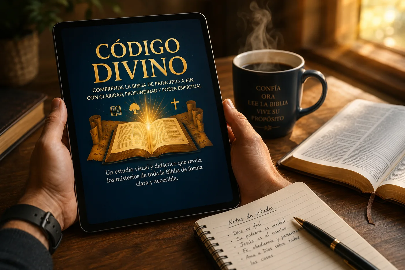 Persona estudiando la Biblia con CÓDIGO DIVINO en su tablet, con café y cuaderno de notas