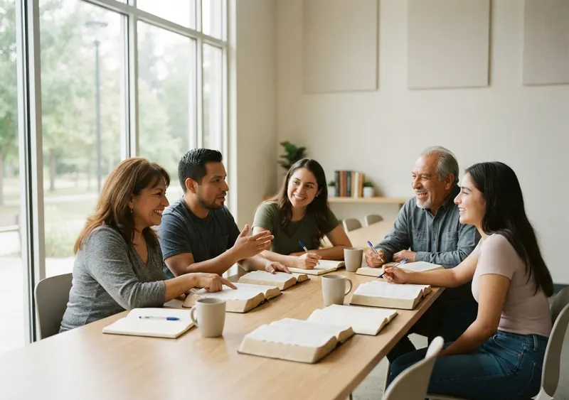 Grupo pequeño estudiando la Biblia alrededor de una mesa